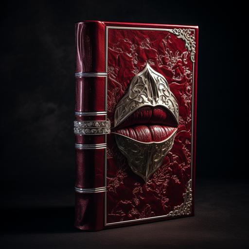 A suede, maroon, fantasy-styled, matte hardcover, ancient, tome with sliver trim and silver inlay along the cover. Closed lips with silver lipstick are on the hardcover. High contrast. High detail. Comicbook style.