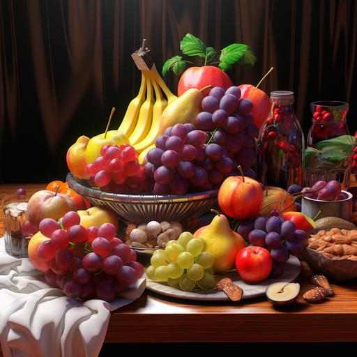 A sumptuous table was filled with fruits of different colors and shapes, such as red apples, yellow bananas, purple grapes and so on, miniatures, sketch, 4K, HDR