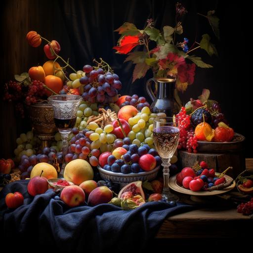 A sumptuous table was filled with fruits of different colors and shapes, such as red apples, yellow bananas, purple grapes and so on, miniatures, sketch, 4K, HDR
