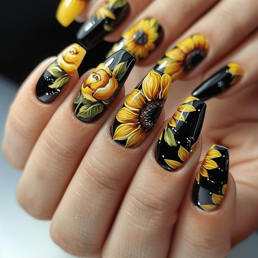 A sunflower whose petals are made of women nails with gel polish without the finger --v 6.0
