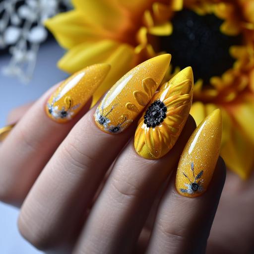 A sunflower whose petals are made of women nails with gel polish without the finger --v 6.0