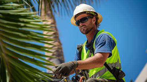 A super realistic photo of a white male trimming palm trees on a sunny day in San Diego. A man wears a simple green colored t-shirt and blue jeans. He wears a white helmet. He is equipped with whatever tools necessary to do his job. He has a slight smile on his face. Focus on the palm trees, not on the man. Show the work he is doing. --ar 16:9