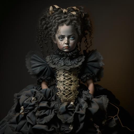 A superb broken porcelain victorian doll, full body view and curly hair with ringlets, in a fancy dark gown found in an old dusty attic full of superb spiders and crawlers --v 4