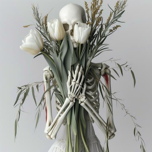 A surreal and artistic representation of a humanoid figure with a skeleton made entirely of brilliant white bone. The skeleton's head is a beautifully detailed, oversized tulip with pure white petals that have bold red streaks, sitting atop a detailed spinal column. The ribcage is fully visible, anatomically precise. Arms extend from the torso with white bones, the hands in an expressive gesture. Green plant stems elegantly entwine around the forearms, marrying the organic with the ethereal. The overall composition is both haunting and exquisite, blending elements of natural beauty with the starkness of skeletal form. --sref  --w 500 --c 50 --s 500 --v 6.0
