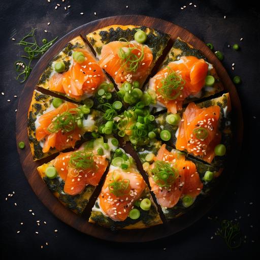 A sushi pizza with a crispy rice base and seaweed paper rolled crust. California King Salmon cubes sprinkled with wasabi mayo, sesame seeds and scallions. Shot overhead in the style of bon apetit magazine