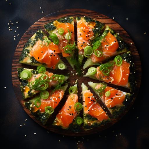 A sushi pizza with a crispy rice base and seaweed paper rolled crust. California King Salmon cubes sprinkled with wasabi mayo, sesame seeds and scallions. Shot overhead in the style of bon apetit magazine