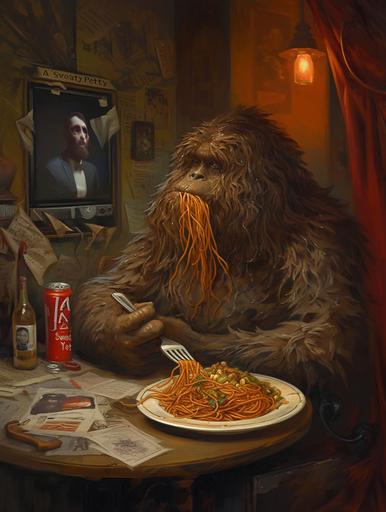 A sweaty petty yeti who is a debtee to Tommy Vercetti eating spaghetti listening to fetty and watching stand-up of Chelsea Peretti, in the style of dante gabriel rossetti. Imagine a richly detailed and vividly imaginative painting, inspired by the Pre-Raphaelite style of Dante Gabriel Rossetti, depicting a scene as whimsically complex as it is culturally eclectic: a Sweaty Petty Yeti, entangled in a web of modern narratives and timeless artistry. At the center of this elaborate composition sits the Yeti, a figure of myth rendered with Rossetti's signature attention to emotional expression and intricate detail. This Yeti, however, is unlike any creature of legend. His fur is ruffled and damp with sweat, a testament to his anxiety as a debtee to the notorious Tommy Vercetti, a character known well to the realms of vintage video gaming. The Yeti's expression is one of apprehensive contemplation, his eyes lost in thought while his hands are busy twirling spaghetti on a fork, a mundane act that grounds the fantastical being in the realm of the human. The setting is a dimly lit room, reminiscent of Rossetti's rich, atmospheric backgrounds, filled with symbolic objects that bridge the worlds of literature, gaming, music, and comedy. Beside the Yeti, a classic boombox plays the distinct sounds of Fetty Wap, the music adding a layer of modernity to the timeless scene. On a vintage television, the stand-up comedy of Chelsea Peretti unfolds, her image painted with Rossetti's skill in capturing the essence of his subjects. The glow from the screen casts dramatic shadows across the room, enhancing the sense of a moment captured in time. Around the Yeti, the room is adorned with elements that speak to the debt he owes--papers and ledgers scattered, a phone off the hook, and a [...]