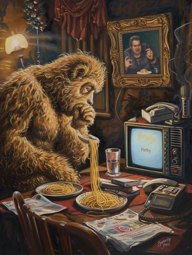 A sweaty petty yeti who is a debtee to Tommy Vercetti eating spaghetti listening to fetty and watching stand-up of Chelsea Peretti, in the style of dante gabriel rossetti. Imagine a richly detailed and vividly imaginative painting, inspired by the Pre-Raphaelite style of Dante Gabriel Rossetti, depicting a scene as whimsically complex as it is culturally eclectic: a Sweaty Petty Yeti, entangled in a web of modern narratives and timeless artistry. At the center of this elaborate composition sits the Yeti, a figure of myth rendered with Rossetti's signature attention to emotional expression and intricate detail. This Yeti, however, is unlike any creature of legend. His fur is ruffled and damp with sweat, a testament to his anxiety as a debtee to the notorious Tommy Vercetti, a character known well to the realms of vintage video gaming. The Yeti's expression is one of apprehensive contemplation, his eyes lost in thought while his hands are busy twirling spaghetti on a fork, a mundane act that grounds the fantastical being in the realm of the human. The setting is a dimly lit room, reminiscent of Rossetti's rich, atmospheric backgrounds, filled with symbolic objects that bridge the worlds of literature, gaming, music, and comedy. Beside the Yeti, a classic boombox plays the distinct sounds of Fetty Wap, the music adding a layer of modernity to the timeless scene. On a vintage television, the stand-up comedy of Chelsea Peretti unfolds, her image painted with Rossetti's skill in capturing the essence of his subjects. The glow from the screen casts dramatic shadows across the room, enhancing the sense of a moment captured in time. Around the Yeti, the room is adorned with elements that speak to the debt he owes--papers and ledgers scattered, a phone off the hook, and a [...]