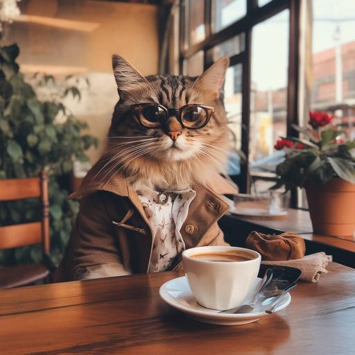 A sweet cat with Rayban glasses sitting at the table in the cafe, has a coffee cup in front of her(dişil)