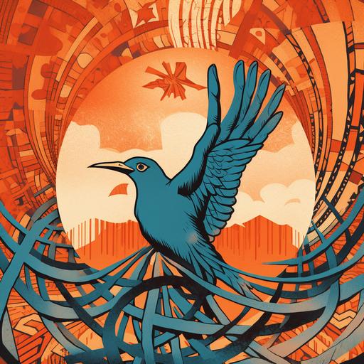 A symbolic and empowering illustration commemorating Keti Koti, the day they stopped slavery. The artwork showcases a powerful image of a broken shackle transforming into a soaring bird. use 40% artboard space for the concept, only The color theme of blue and orange evokes a sense of liberation and resilience. The illustration captures the dynamic movement of the bird, its wings spread wide in flight, symbolizing the journey towards freedom. The style combines fluid brushstrokes and digital techniques, creating a visually captivating representation of hope and triumph over oppression. --ar 1:1 --v 5