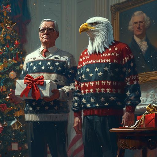 A symbolic and patriotic image depicting the President of the United States standing alongside a majestic bald eagle, both proudly wearing American-themed ugly sweaters. The President's sweater is adorned with stars and stripes, echoing the design of the American flag, while the eagle's sweater, surprisingly human-like in its fit, features similar patriotic motifs. They stand together on a grand stage, perhaps in front of an iconic American landmark like the White House or the Lincoln Memorial. Each holds a beautifully wrapped gift, symbolizing the spirit of giving and unity. The scene conveys a sense of national pride and camaraderie, blending traditional American symbols with a touch of festive cheer --v 6.0 --s 250
