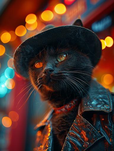 A synthwave ambrotype of a cybernetic cat wearing a neon cowboy hat, sitting atop a vintage arcade machine, its eyes glowing with the excitement of the hunt --ar 3:4 --s 888