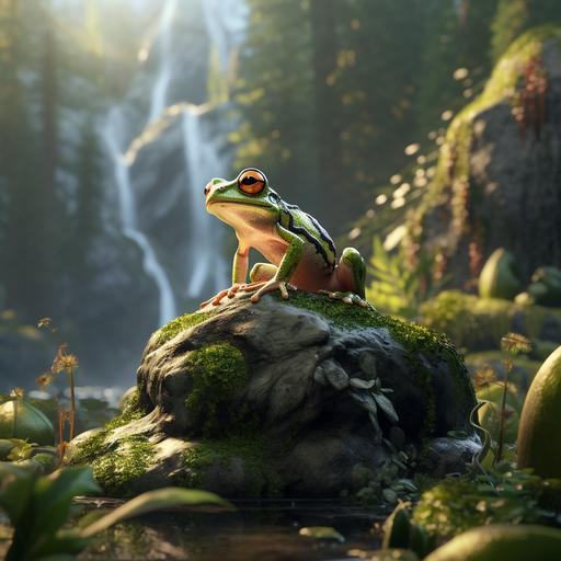 A tailed frog is perched on a mossy rock near a clear mountain stream, its unique tail blending in with the surrounding environment, time delay method, CG characters, 16k, hyper quality --v 5.2