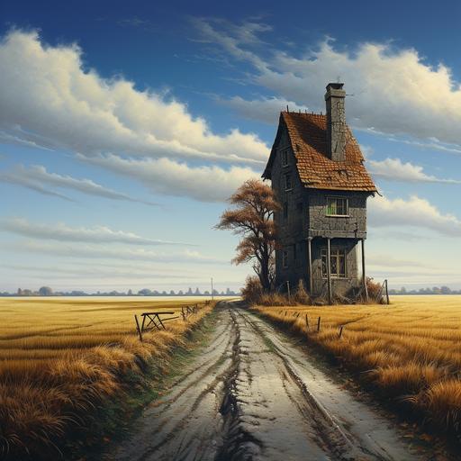 A tall but narrow old house in the middle of nowhere surrounded by fields.