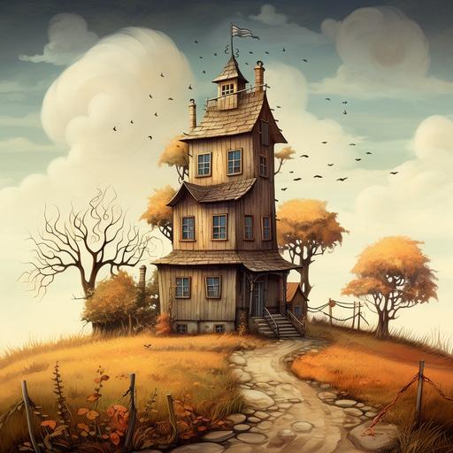 A tall but narrow old house in the middle of nowhere surrounded by fields. In the style of a magic child book illustration