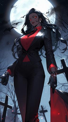 A tall female vampire as a pretty, thick, curvaceous black women, standing in a graveyard at night, long hair, wearing tight dress suit, black gloves, red eyes, wearing diamond cross necklaces, red moon in the background, flat shading, manga, bold, colorful portraits, 32k uhd, grainy --niji 5 --ar 9:16