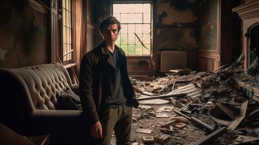 , , A tall, fit young man, 21 years old, with a military bearing, straight nose, thin, serious, elongated face, thin lips, shoulder-length brown hair, wearing a black English shirt, holding a hunting rifle in his hands, standing in the middle of the destroyed room in which the battle was going on, looking at an ally in amazement --ar 16:9 --v 5.0 --s 750