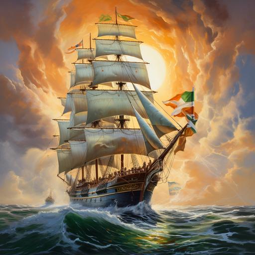 A tall ship with huge billowing sails in white with the picture of a compass in the centre of the sail the body of the ship oak with a carved vikings head on the bow and a unicorns head on the stern flying at full mast the Irish Flag the windows along side the ship warmly lit up and a beautiful calm sea with a very striking sunset