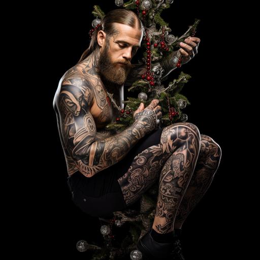 A tattooed and muscular representation of Jesus Christ, adorned with intricate ink depicting scenes of biblical significance, stretches out His arms as He hangs festive Christmas ornaments on a tree branch. The black background enhances the dramatic contrast, allowing the detailed tattoos to come to life with a sense of realism. The high resolution captures every nuance of the tattoos, showcasing the divine figures and symbolic imagery that adorn the sculpted physique of Christ.