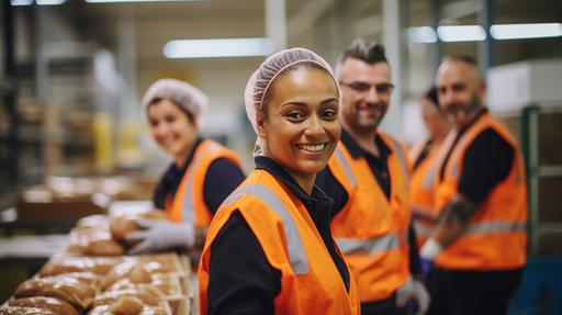 A team of factory bakers working in a warehouse, in a high vis vest and hair nets and protective eyewear in a factory background sharp focus smiling at the camera all smiling into the camera blurry background 8k quality --ar 16:9