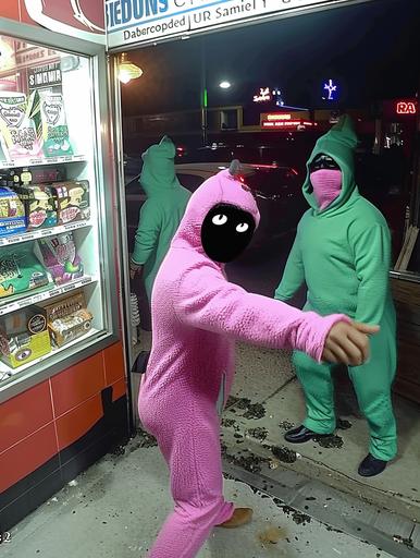 A team of specialized gagalons wearing full on Purple Barney Costumes. Point their hot pink polka honk at the 7-11 clerk, Blue dragon ski mask, security camera, CCTV footage. breaking. They fell for Air Jordan sneakers scam they look so dumb. --chaos 10 --ar 3:4 --style raw --sref  --sw 100 --stylize 500