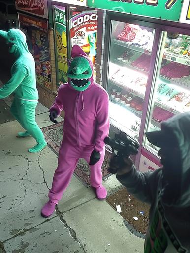 A team of specialized gagalons wearing full on Purple Barney Costumes. Point their hot pink polka honk at the 7-11 clerk, Blue dragon ski mask, security camera, CCTV footage. breaking. They fell for Air Jordan sneakers scam they look so dumb. --chaos 10 --ar 3:4 --style raw --sref  --sw 100 --stylize 500