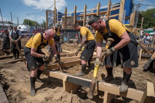 A team of strong, rugged and muscular Scottish kilt-wearing construction workers, yellow, blue and white tartan pattern, plain navy blue and yellow T-SHIRT, BIG blue and black leather boots, with buckles, they are carrying tools and drills, they are also working on the wooden base frame of a houses' foundation, tools and building equipment, construction machinery, Swedish and Scottish Flag flying high32K, super smart design, UI/UX quality, no logo, no words, ultra-detailed, UP-BETA, --ar 3:2 --v 5
