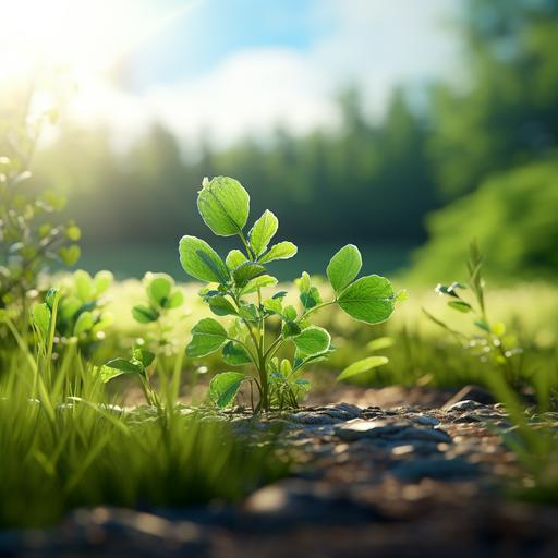 A tender green plant is swaying in the sun with a green meadow in the background, track photography, CG characters, 64K, high detail --v 5.2