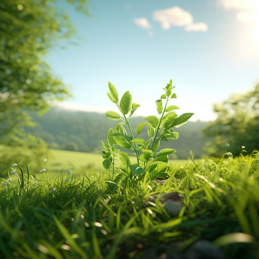A tender green plant is swaying in the sun with a green meadow in the background, track photography, CG characters, 64K, high detail --v 5.2