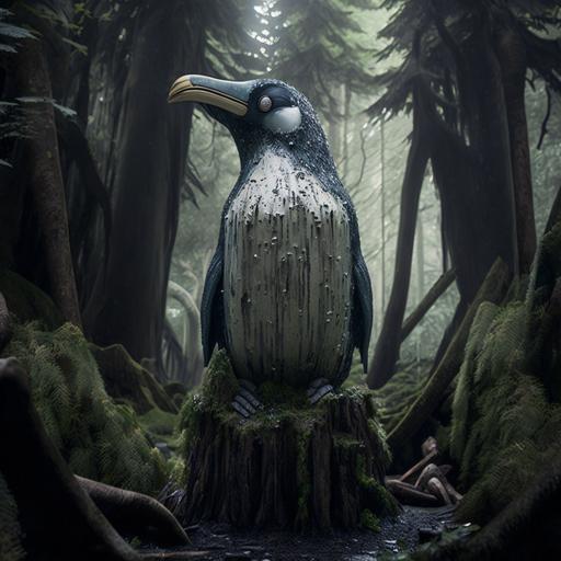 A terrifying penguin statue in the forest where animals and birds gather is very real