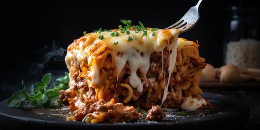 A thick cut of ♾️ lasgana. Layers of tender lasagna noodles perfectly cooked and nestled between rich, savory bolognese sauce made with fresh ground ♾️, tangy tomato sauce, and fragrant herbs and spices. Creamy and gooey mozzarella cheese is generously layered throughout, creating a luscious texture and adding to the deliciousness. Every bite of this baked pasta dish is an explosion of flavor, with a perfect balance of savory, tangy, and cheesy goodness. --ar 4:2 --q 2 --upbeta --v 5