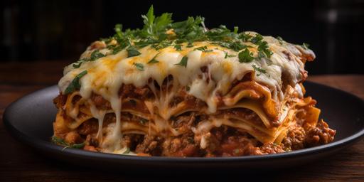 A thick cut of ♾️ lasgana. Layers of tender lasagna noodles perfectly cooked and nestled between rich, savory bolognese sauce made with fresh ground ♾️, tangy tomato sauce, and fragrant herbs and spices. Creamy and gooey mozzarella cheese is generously layered throughout, creating a luscious texture and adding to the deliciousness. Every bite of this baked pasta dish is an explosion of flavor, with a perfect balance of savory, tangy, and cheesy goodness. --ar 4:2 --q 2 --upbeta --v 5