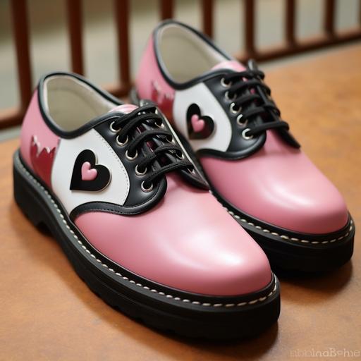 A thick-soled German training shoes, the tongue is leather, the overall is pink and black, the midsole has some white decoration, the heel has a white love heart, the overall style to be cute, the body of the shoe is more rounded--v 5
