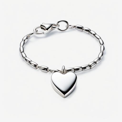 A thin and smooth silver-colored bracelet with a small thick heart-shaped charm that can be pressed