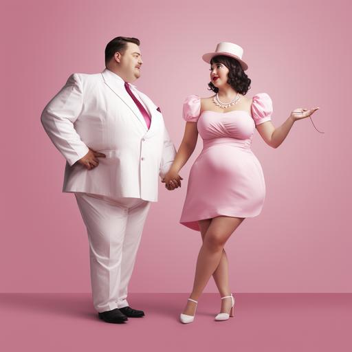 A thin man in a white shirt and a fat woman in a pink pretend outfit, inviting us to join them