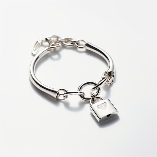 A thin silver-colored bracelet with a thick charm in the form of a lock that can be pressed