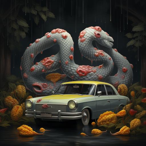 A three-headed snake with yellow, taupe, and crimson scales - in a rain-soaked forest.grey car