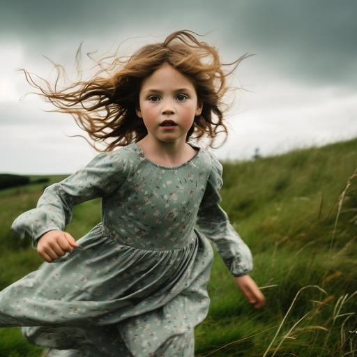 A three year old girl with light brown hair and pale skin is running up a green grassy hill. The grass is almost as tall as her waist. She is wearing a pale green dress with long sleeves and has a daisy crown on her head and has a dreamy expression on her face.. The sky is overcast with swirling grey clouds. The entire scene is illuminated by warm light of early evening, evocative of an Andrew Wyeth painting.