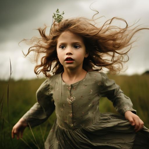 A three year old girl with light brown hair and pale skin is running up a green grassy hill. The grass is almost as tall as her waist. She is wearing a pale green dress with long sleeves and has a daisy crown on her head and has a dreamy expression on her face.. The sky is overcast with swirling grey clouds. The entire scene is illuminated by warm light of early evening, evocative of an Andrew Wyeth painting.