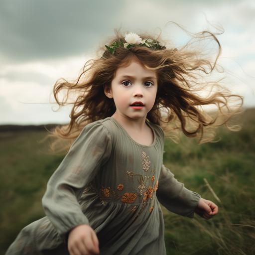 A three year old girl with light brown hair and pale skin is running up a green grassy hill. The grass is almost as tall as her waist. She is wearing a pale green dress with long sleeves and has a daisy crown on her head and has a dreamy expression on her face.. The sky is overcast with swirling grey clouds. The entire scene is illuminated by warm light of early evening, evocative of an Andrew Wyeth painting.