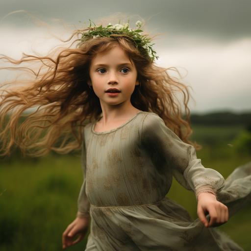 A three year old girl with light brown hair and pale skin is running up a green grassy hill. The grass is almost as tall as her waist. She is wearing a pale green dress with long sleeves and has a daisy crown on her head and has a dreamy expression on her face.. The sky is overcast with swirling grey clouds. The entire scene is illuminated by warm light of early evening, evocative of an Andrew Wyeth painting.