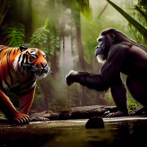 A tiger and a gorilla fight in the jungle, 4k, 8k, 16k, national geographic, award winning photography, cinematic shot, beautiful lighting, photo realism, cinematic lighting, volumetric lighting, post-production, HD octane render, v ray tracing, cgi, life of pi, planet of the apes, tiger vs gorilla, angry, sharp teeth, clean lines, realistic shading, sharp colors, high contrast, hyper realism --test --creative