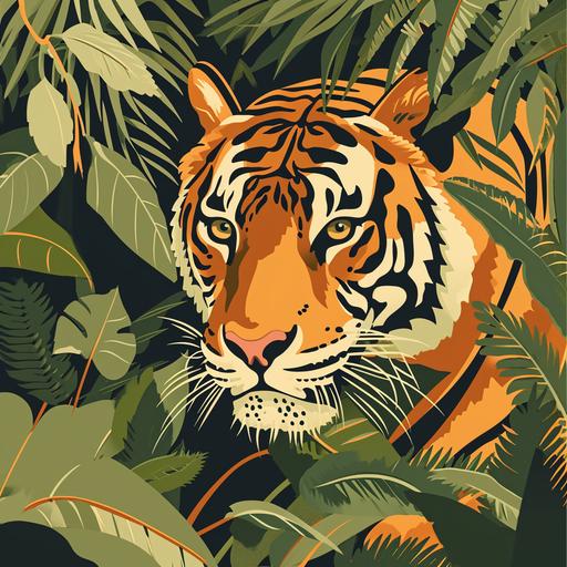 A tiger in the jungle, in the style of 60s poster artist Wes Wilson, attractive, 60s poster art, screen printing --v 6.0 --s 50 --style raw