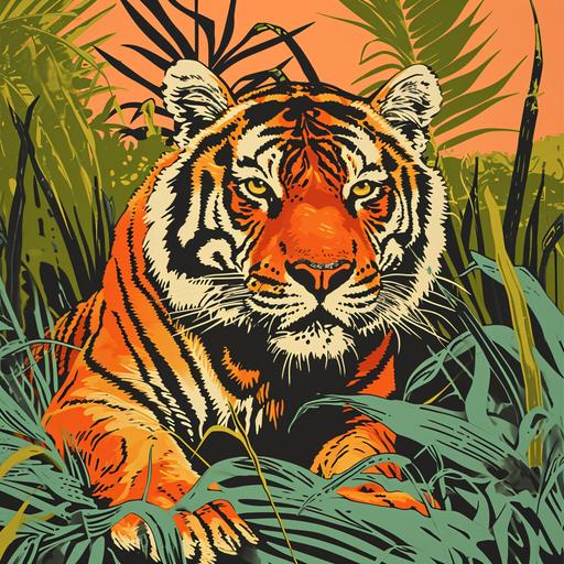 A tiger in the jungle, in the style of 60s poster artist Wes Wilson, attractive, 60s poster art, screen printing --v 6.0 --s 50 --style raw