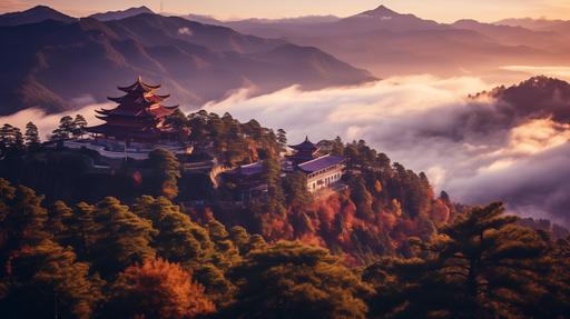 A tilt-shift aerial photograph of of a beautiful sunrise of orange and purple rising over a mountain Japanese monastery --ar 16:9