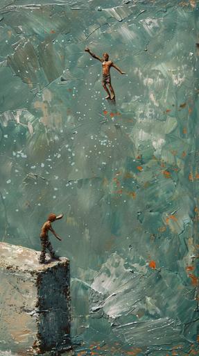 A tiny hand carved miniature man with his feet in a cinder block on the bottom of the deep ocean, reaching out to a tiny hand carved miniature man who is floating away. In the style oil painting. Grey, green, blue, rust. --ar 9:16 --v 6.0
