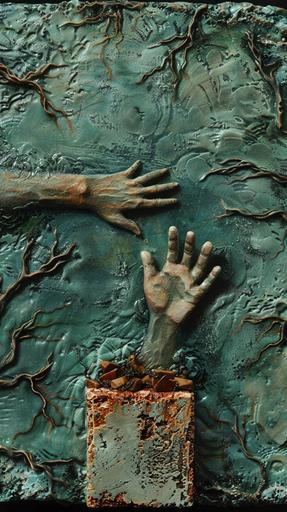 A tiny hand carved miniature man with his feet in a cinder block, deep under dark water, on the bottom of the deep ocean, reaching out to a tiny hand carved miniature man who is floating away. In the style oil painting. Grey, green, blue, rust. --v 6.0 --ar 9:16