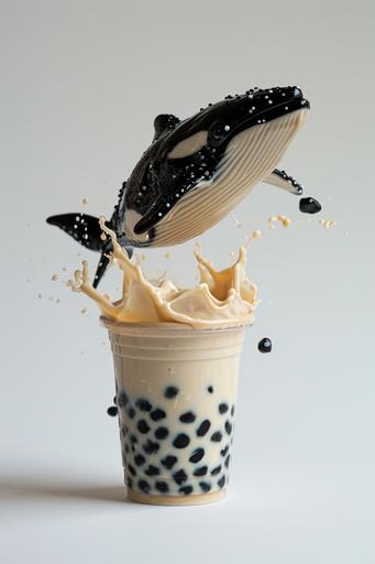 A tiny whale breaches out of a boba tea cup, black tapioca pearls splash out of the cup --ar 2:3 --v 6.0