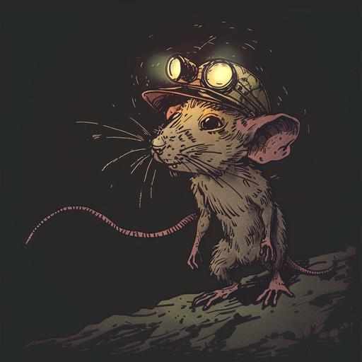 A tired rat standing on two legs, on his head is a miner's helmet with a flashlight. Comics art style.