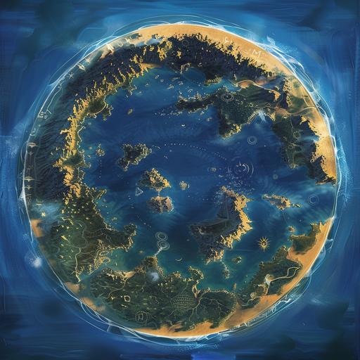 A top view map depicting a circular continent, taking center stage within a deep blue ocean that goes out in all directions and off screen. The continent is surrounded by a sandy yellow shoreline that transitions into lighter blue shallow waters, indicating coastal areas where the ocean meets the land. High Fantasy Elven cities. This landmass is unique, with the northern part of the continent characterized by dark, dense patches of magical, green foliage that suggest sprawling elven and eldritch forests or thick magical wilderness. Huge, megalithic fantasy life trees. The central region features a large, circular lake with a distinct blue hue, surrounded by what appears to be a ring of land with a lighter green shade, indicating plains or grasslands. The lake seems to be a significant focal point of the continent. Moving southward, the terrain becomes more rugged and mountainous or desert like. The mountains have halos around them, the deserts are magic deserts of ghosts. Dark brown to black shading illustrates what could be towering peaks and rocky formations, indicating a shift to a more treacherous and elevated landscape. Massive castles and medieval countries of Elves. These mountains could be home to snow caps or volcanic activity, hinted at by their darker coloration. There are rings and spreads of Elven cities, towns, and settlements. They are of medieval age and level. The surrounding ocean's deep blue suggests great depth, with lighter shades near the coastline, depicting shallower waters. The gradient of color in the ocean might indicate underwater terrain or currents, and the contrast between the vast ocean and the dense, life-filled continent paints a picture of an isolated realm within a [...]
